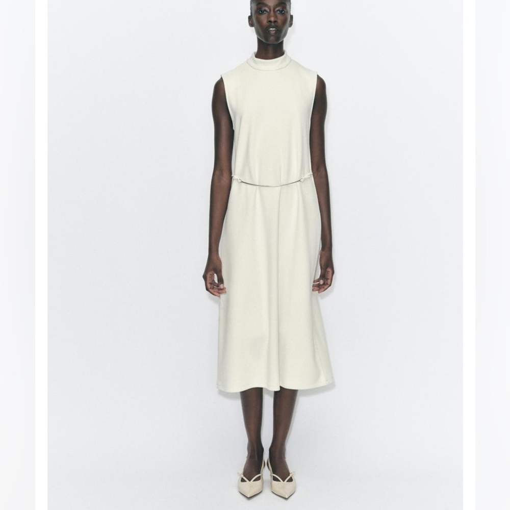 Zara NWT cream lightweight knit midi dress with metal belt size small
